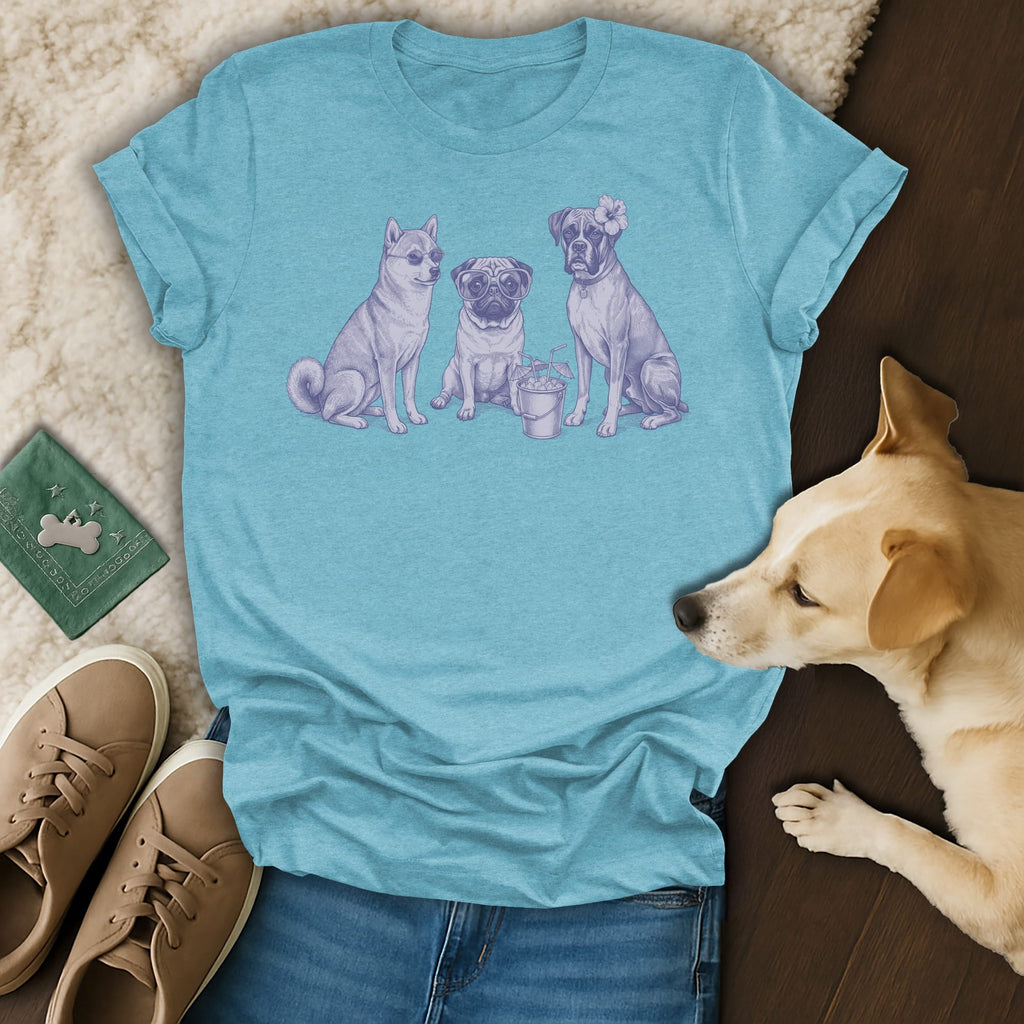 Three dogs, a pug and two huskies, sit with a bucket and drinks.