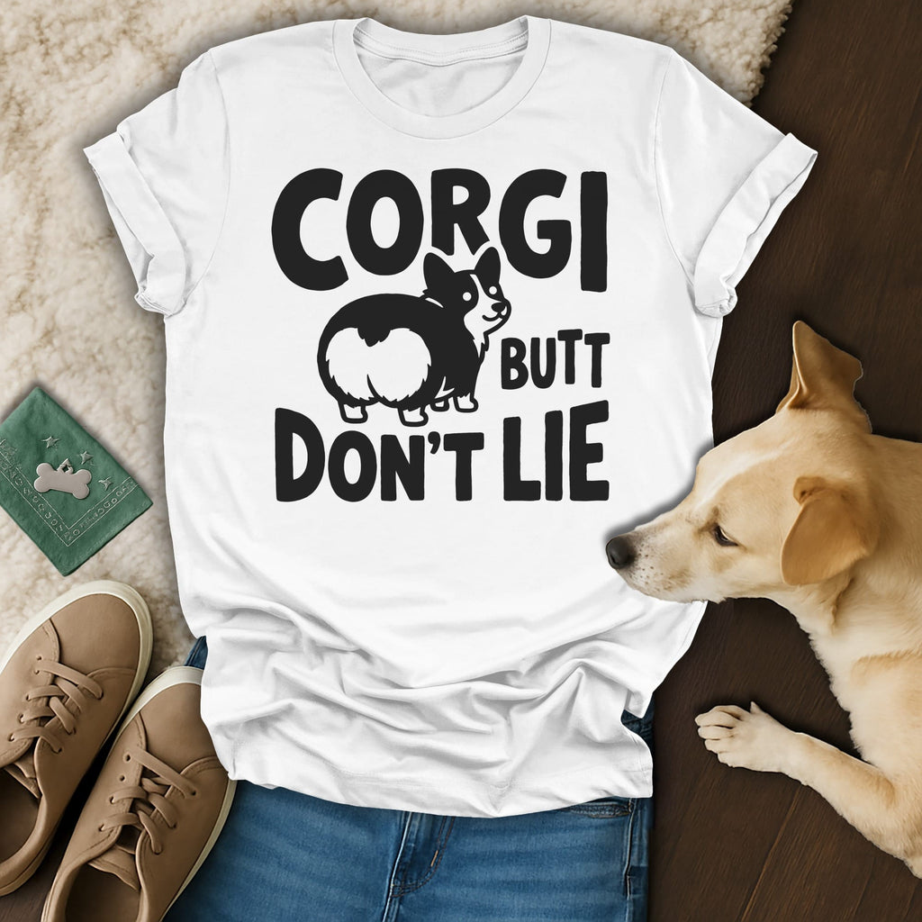 White t-shirt with "CORGI BUTT DON'T LIE" text and corgi illustration.