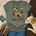 Dog wearing bandana rides skateboard, cartoon style, on green t-shirt.
