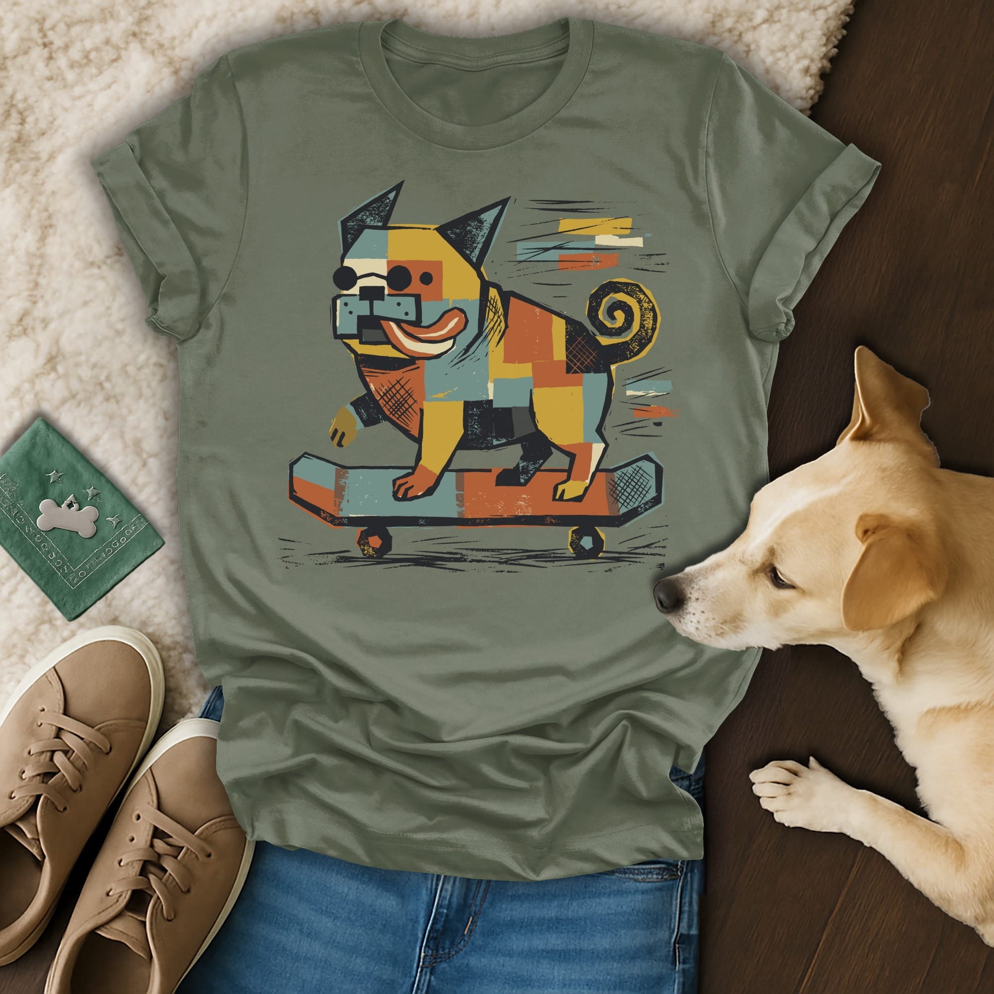 Dog wearing bandana rides skateboard, cartoon style, on green t-shirt.