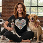 Woman in black shirt with dog heart patch sits with Cavalier King Charles Spaniel and Labrador.