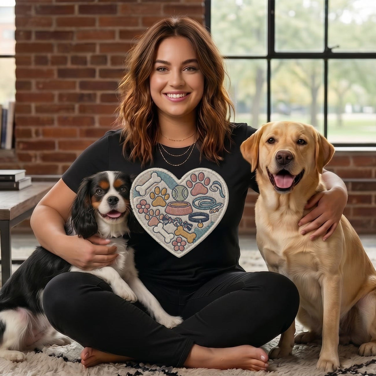 Woman in black shirt with dog heart patch sits with Cavalier King Charles Spaniel and Labrador.