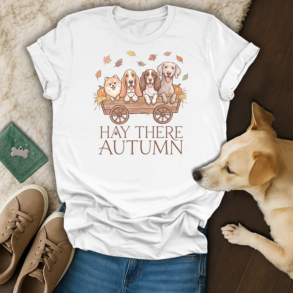 White t-shirt with four dogs in a wagon and "Hay There Autumn" text.