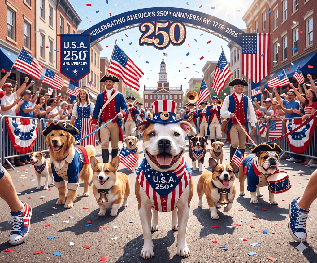 Dogs in patriotic costumes march in a parade with American flags.