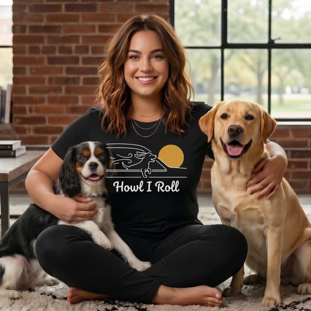 Woman in black t-shirt with "Howl I Roll" text sitting with two dogs.