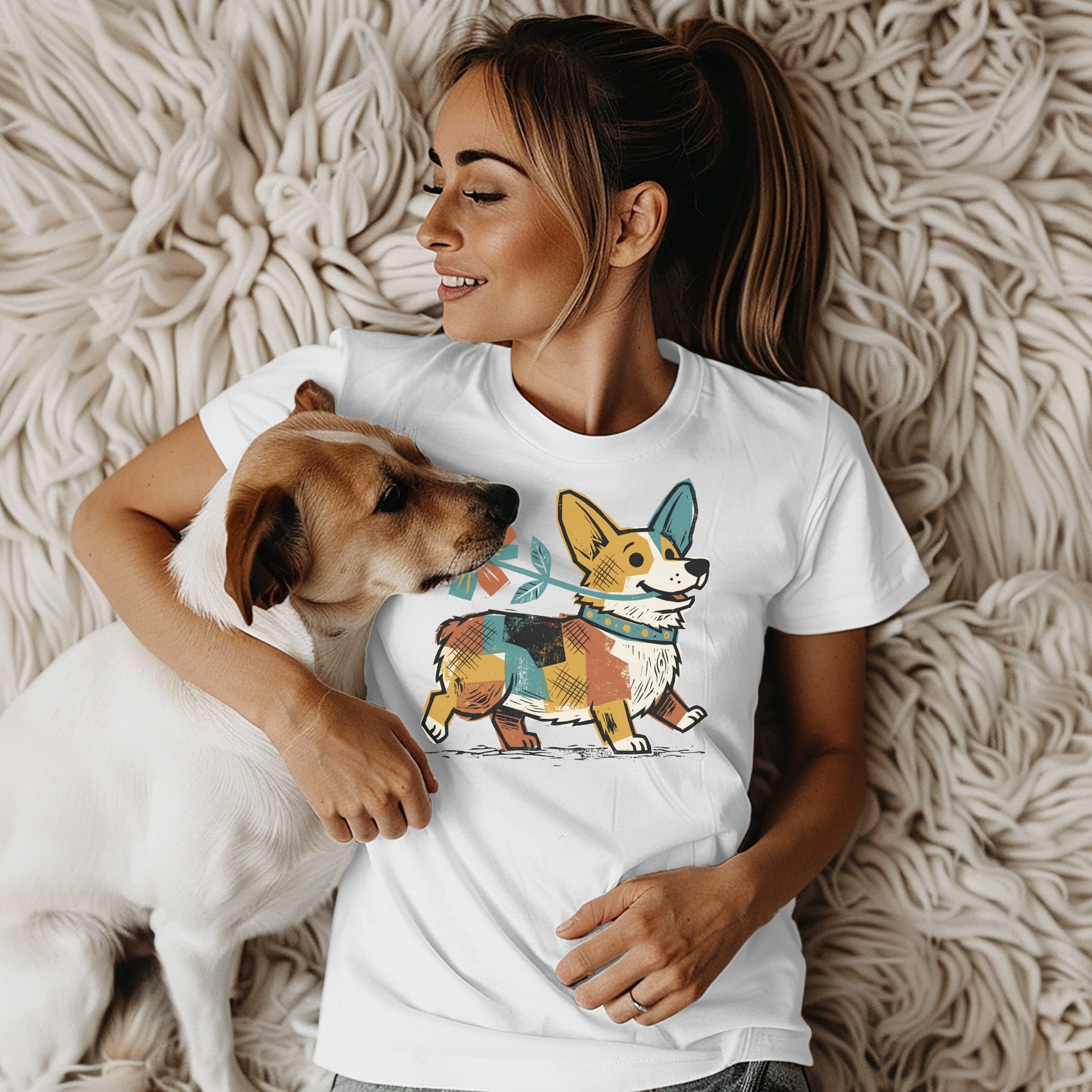 Woman with corgi dog wearing a white t-shirt with corgi graphic.