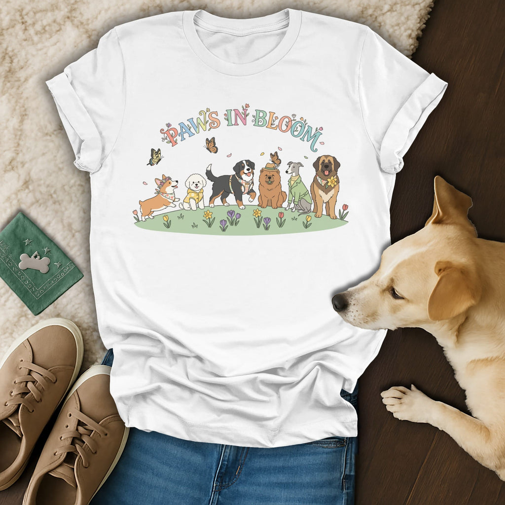 White t-shirt with "PAWS IN BLOOM" text and cartoon dogs and butterflies.