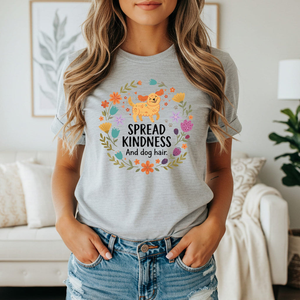 Grey t-shirt with a cartoon dog and flowers, text says "Spread Kindness And dog hair."