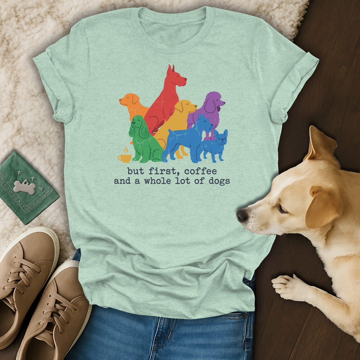 Light blue t-shirt with rainbow-colored dogs and text: "but first, coffee and a whole lot of dogs."