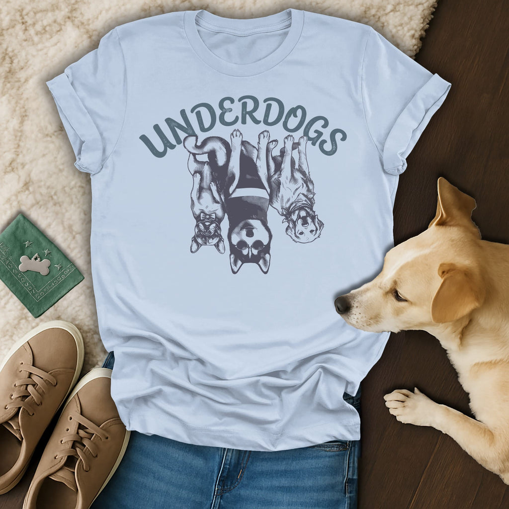 Light blue t-shirt with three dogs and "UNDERDOGS" text.