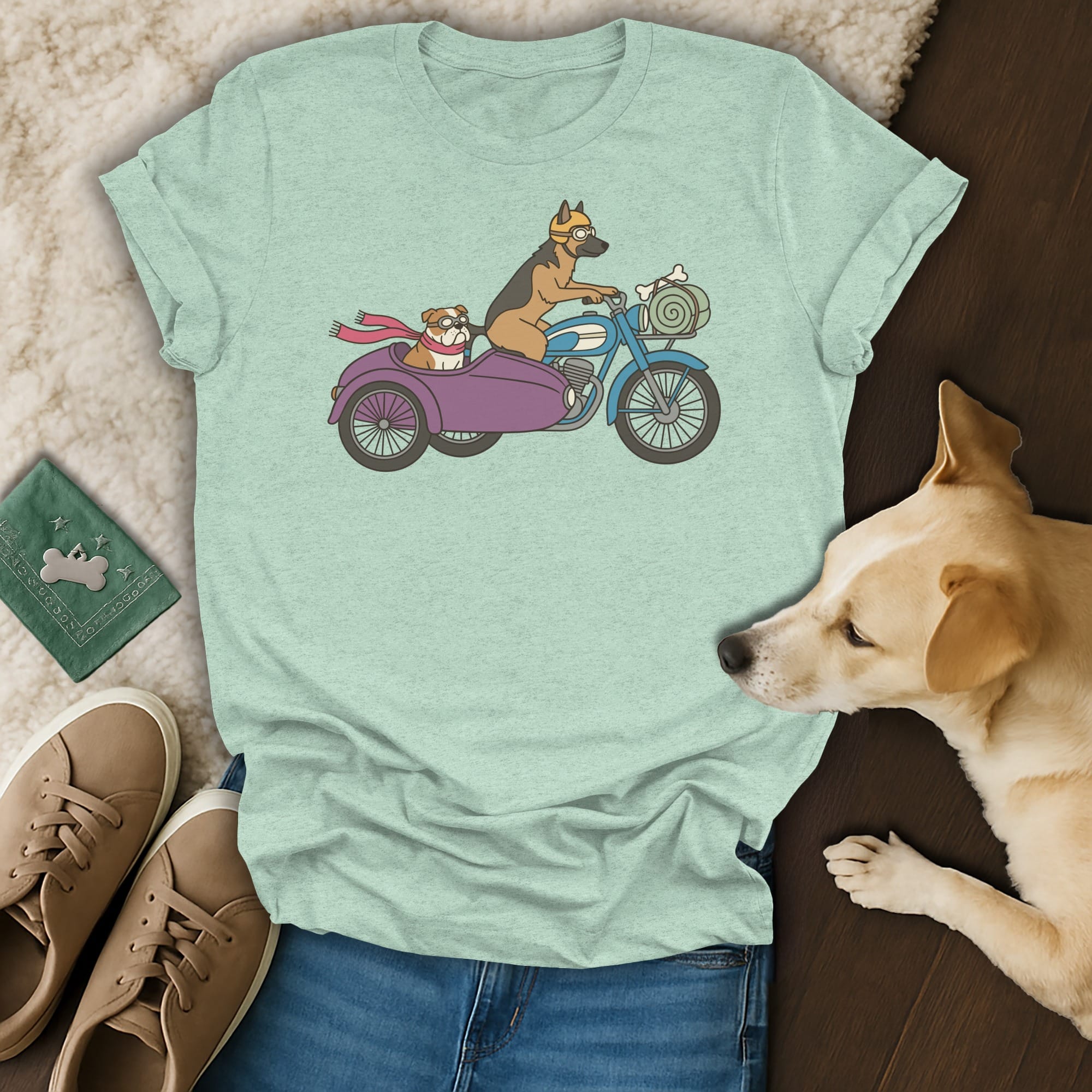 German Shepherd and bulldog dogs ride a motorcycle with a sidecar.