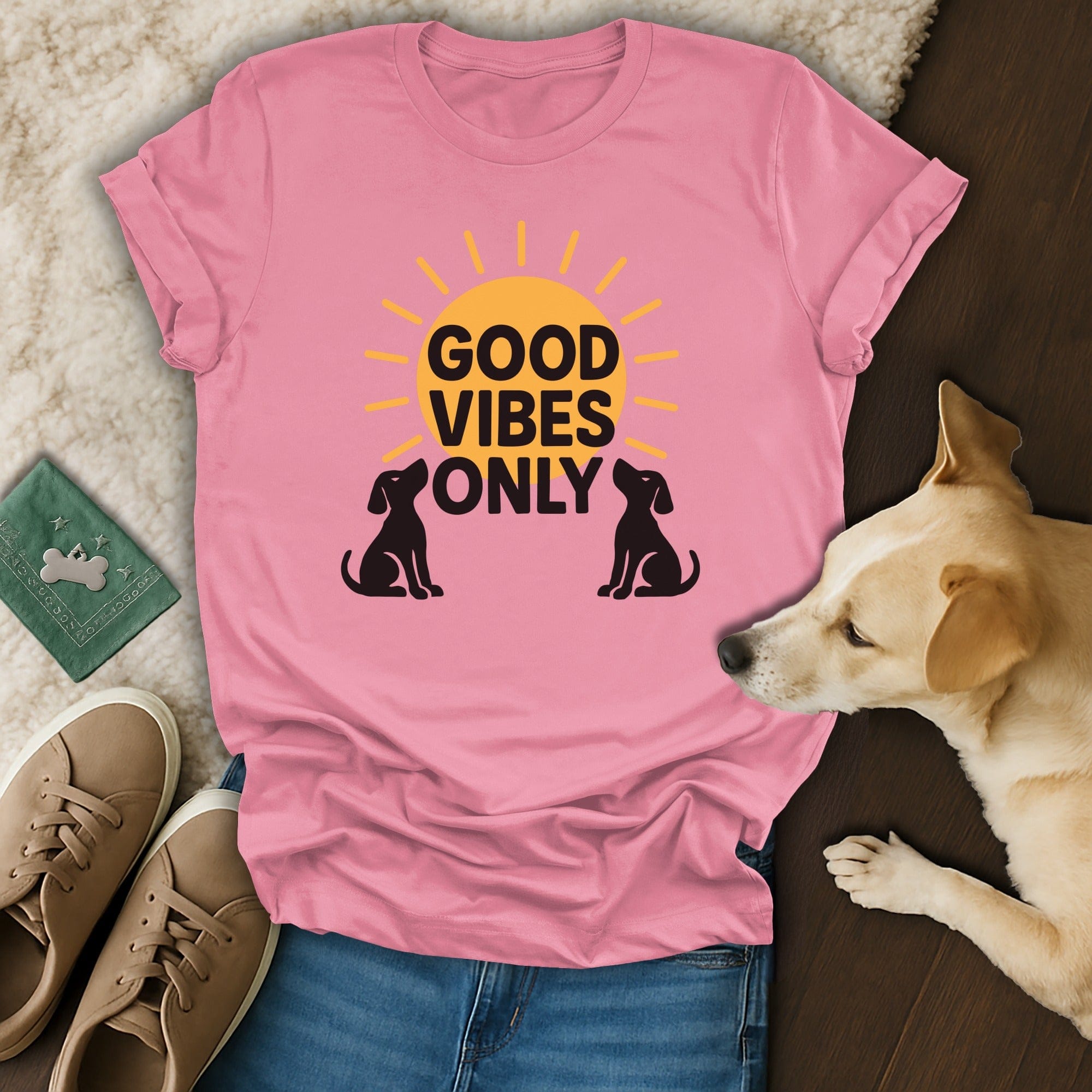 Good Vibes Only Shirt with Sunrise and Dogs Design