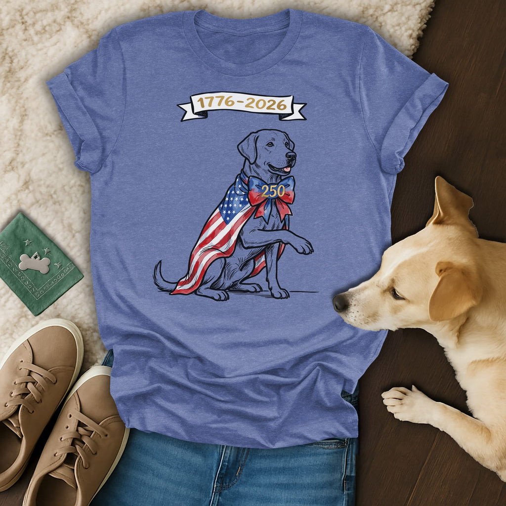 T-shirt with a Labrador wearing a US flag cape and "1776-2026 250" text.