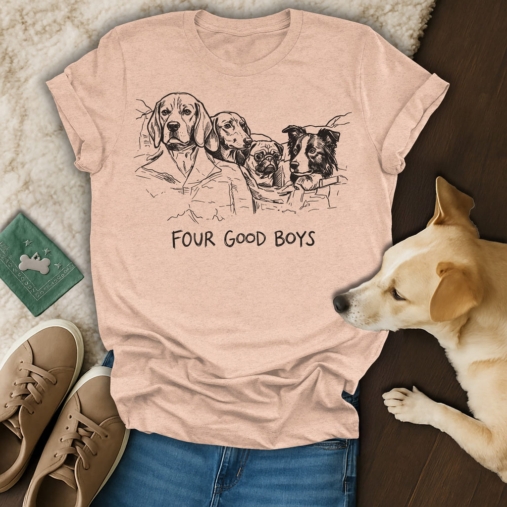 T-shirt with a sketch of four dogs and the text "FOUR GOOD BOYS".