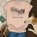 T-shirt with a sketch of four dogs and the text "FOUR GOOD BOYS".