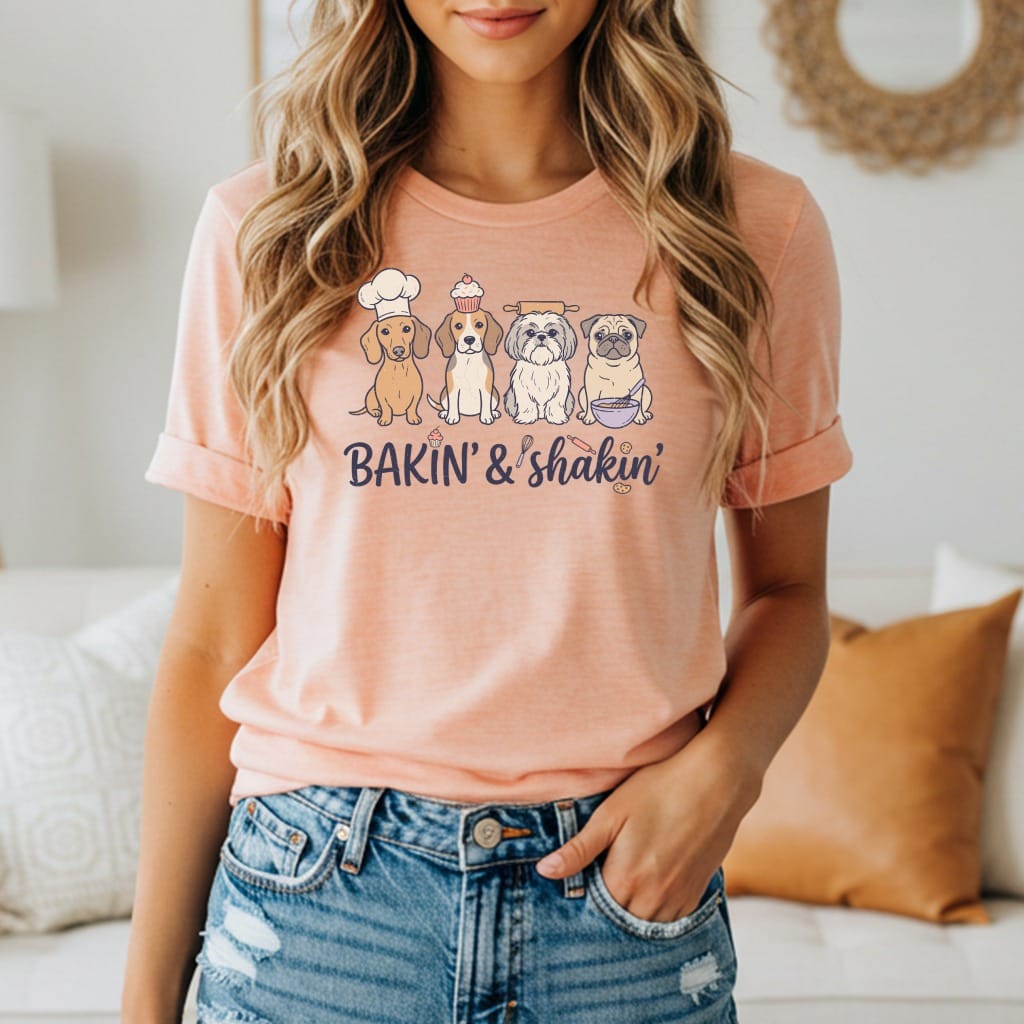 Four dogs in baking attire with text "BAKIN' & shakin'" below.