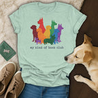 T-shirt with rainbow dog silhouettes and "my kind of book club" text.