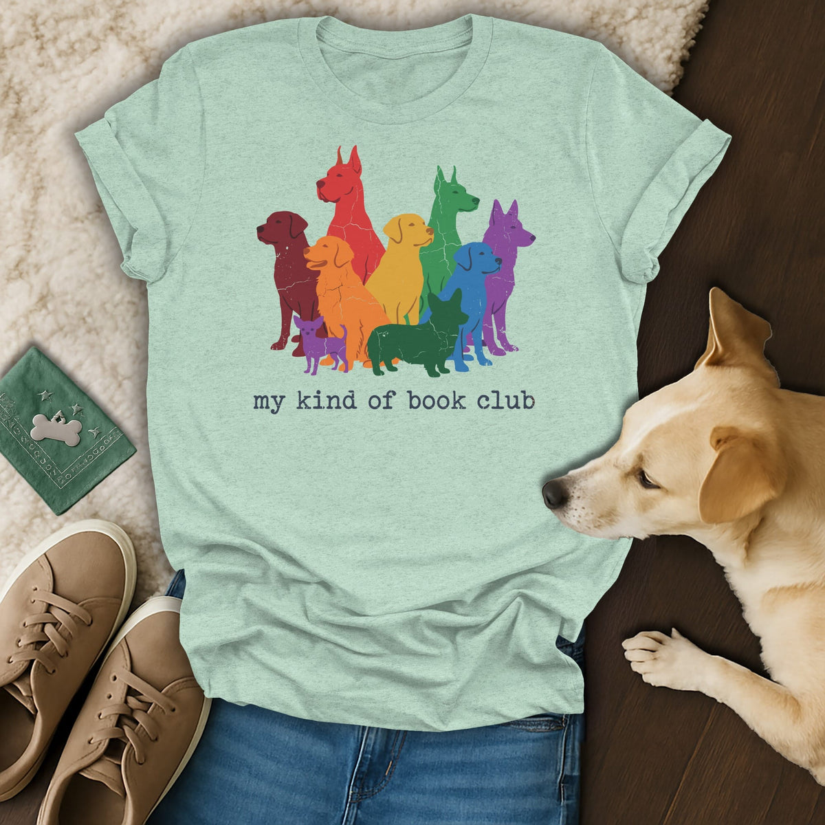 T-shirt with rainbow dog silhouettes and "my kind of book club" text.