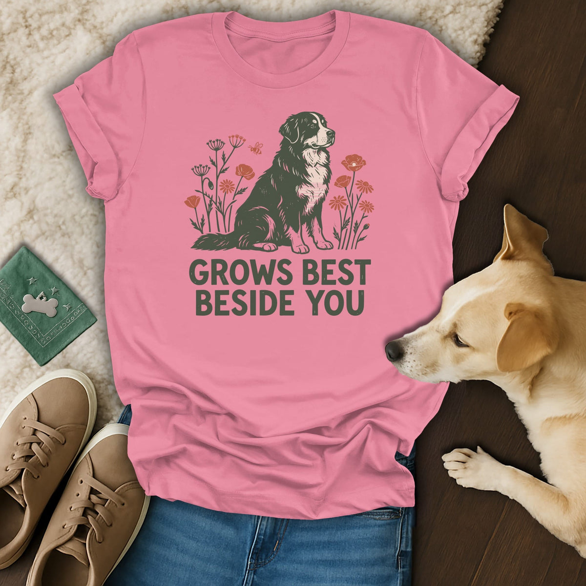 Pink t-shirt with a Bernese Mountain Dog graphic and text reading GROWS BEST BESIDE YOU.