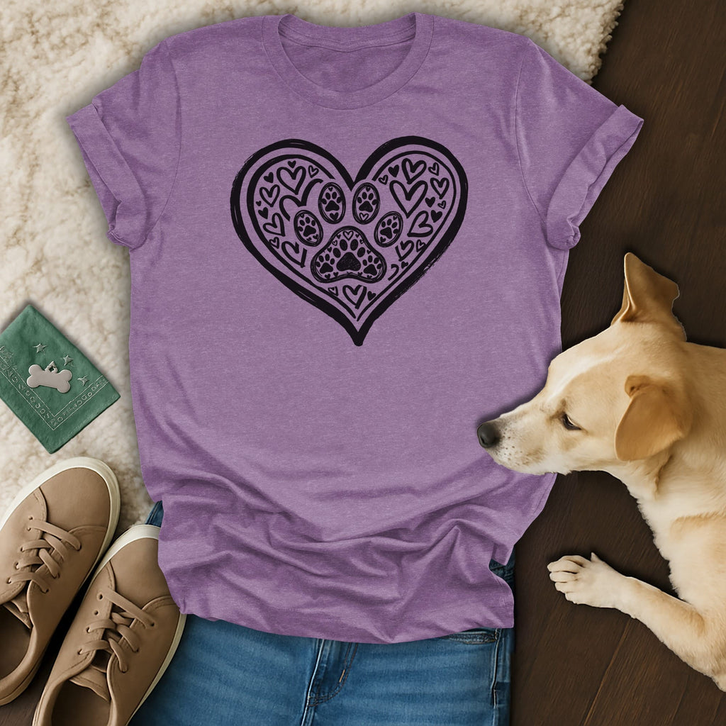 Purple t-shirt with a black heart filled with paw prints and smaller hearts.