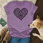 Purple t-shirt with a black heart filled with paw prints and smaller hearts.