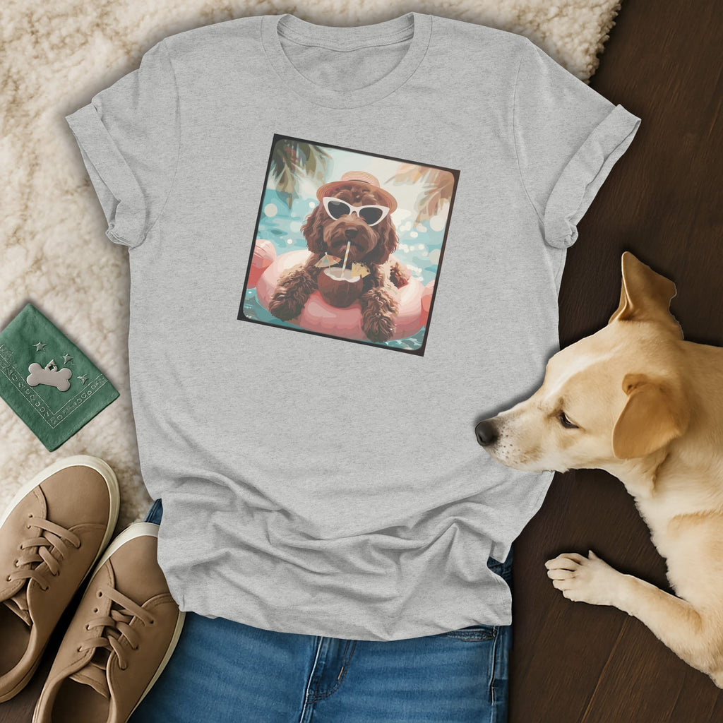 T-shirt with illustration of brown dog wearing sunglasses on a float.