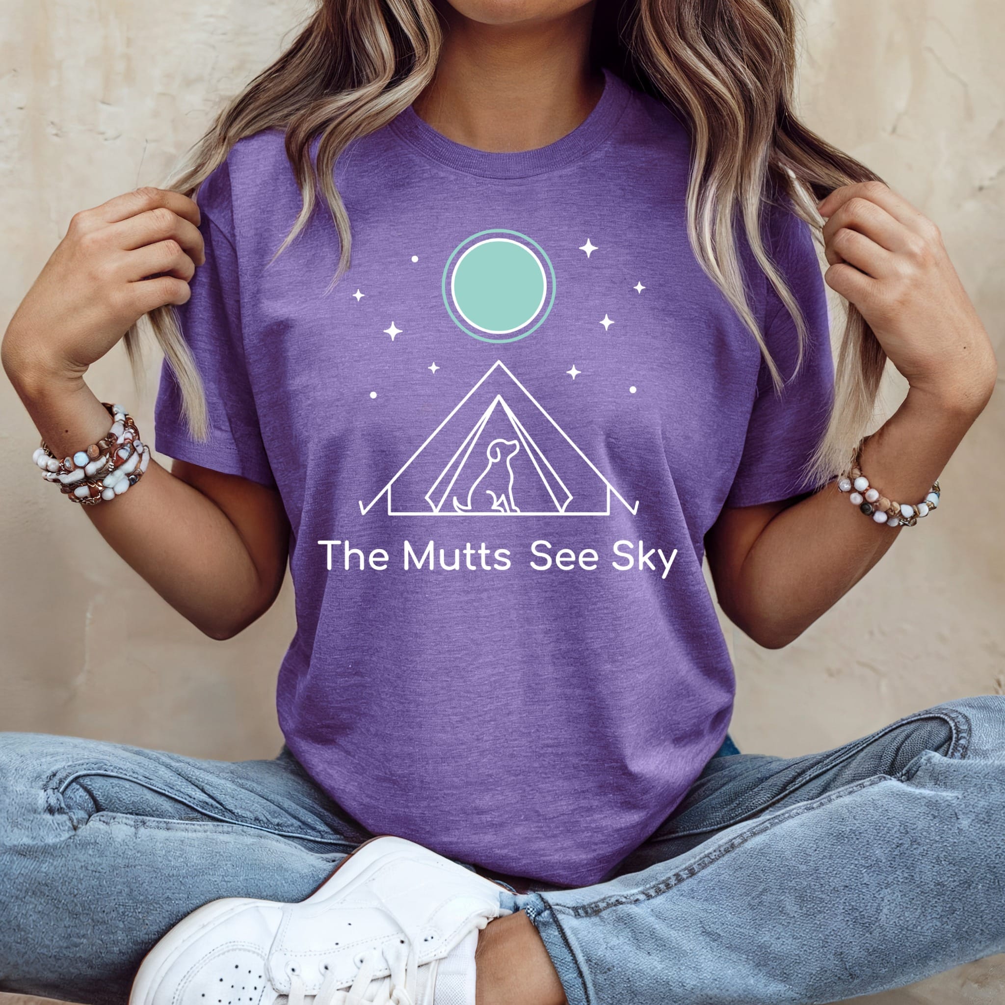 Purple t-shirt with "The Mutts See Sky" text and a tent graphic.