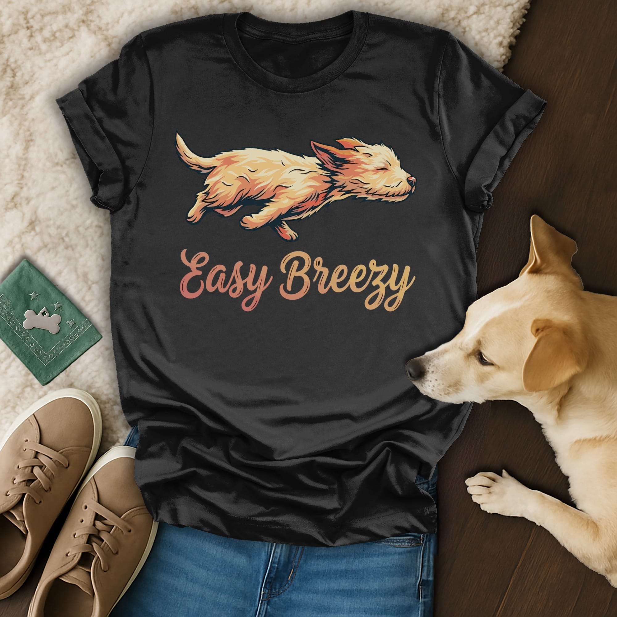 Black t-shirt with "Easy Breezy" text and a dog illustration, next to dog and sneakers.