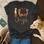 Dark grey t-shirt with watercolor dogs forming a heart and the text "Dogs".