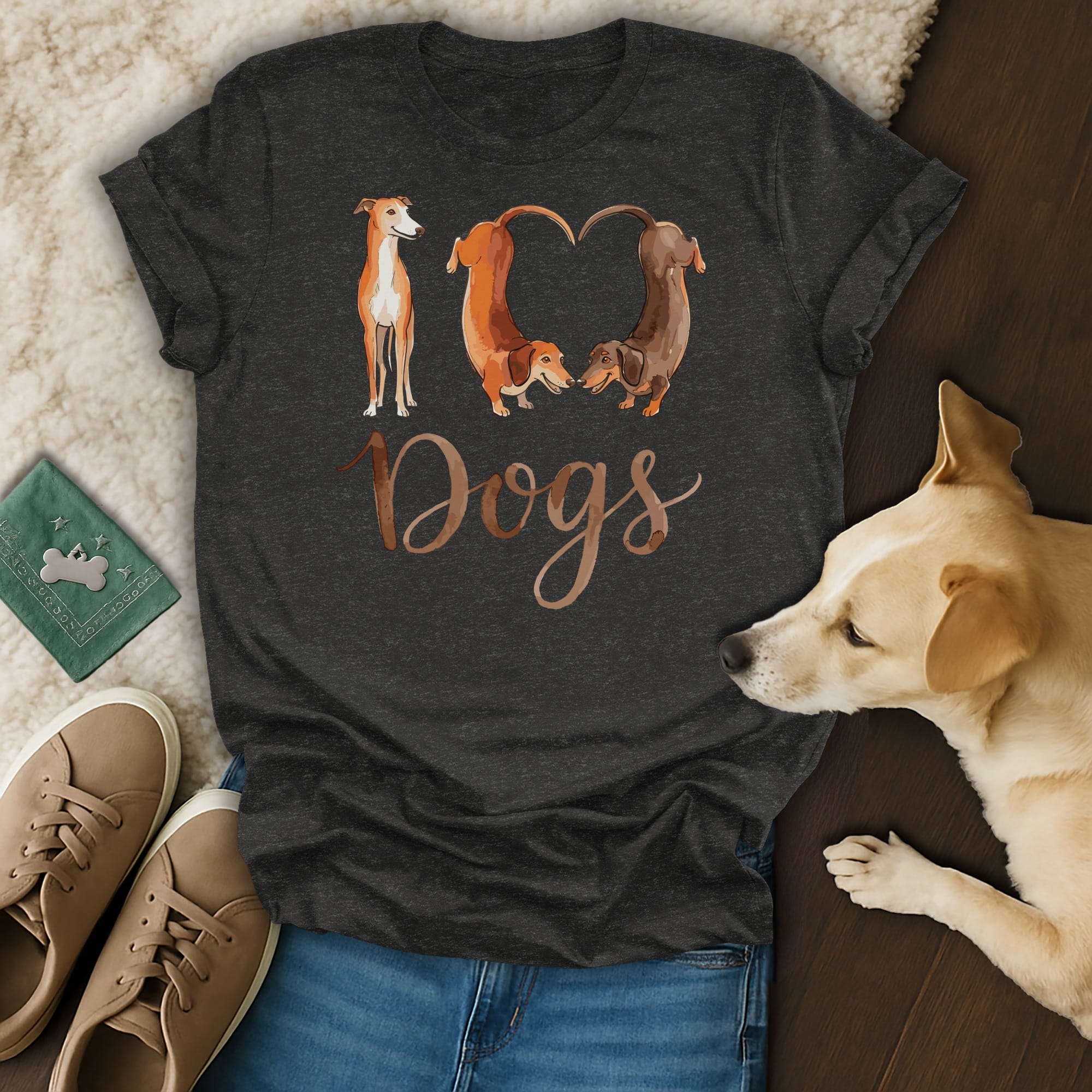 Dark grey t-shirt with watercolor dogs forming a heart and the text "Dogs".