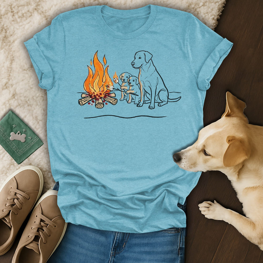 Labrador puppies and adult sit by campfire, wearing t-shirt.