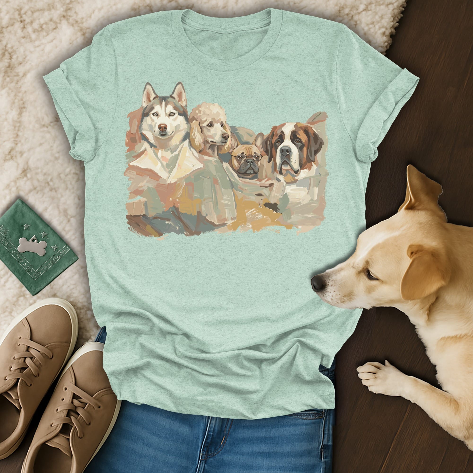 T-shirt graphic of four dogs: husky, poodle, bulldog, and Saint Bernard.