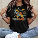 Black t-shirt with colorful abstract dog on skateboard graphic.