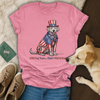 Labrador dog wearing patriotic suit and hat, text "1750 Dog Years....That's Wild & Free".