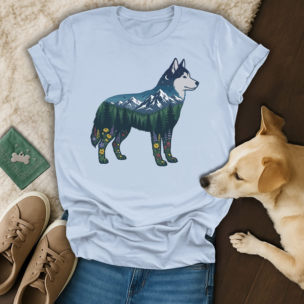 Light blue t-shirt with a husky silhouette filled with a forest and mountain landscape.
