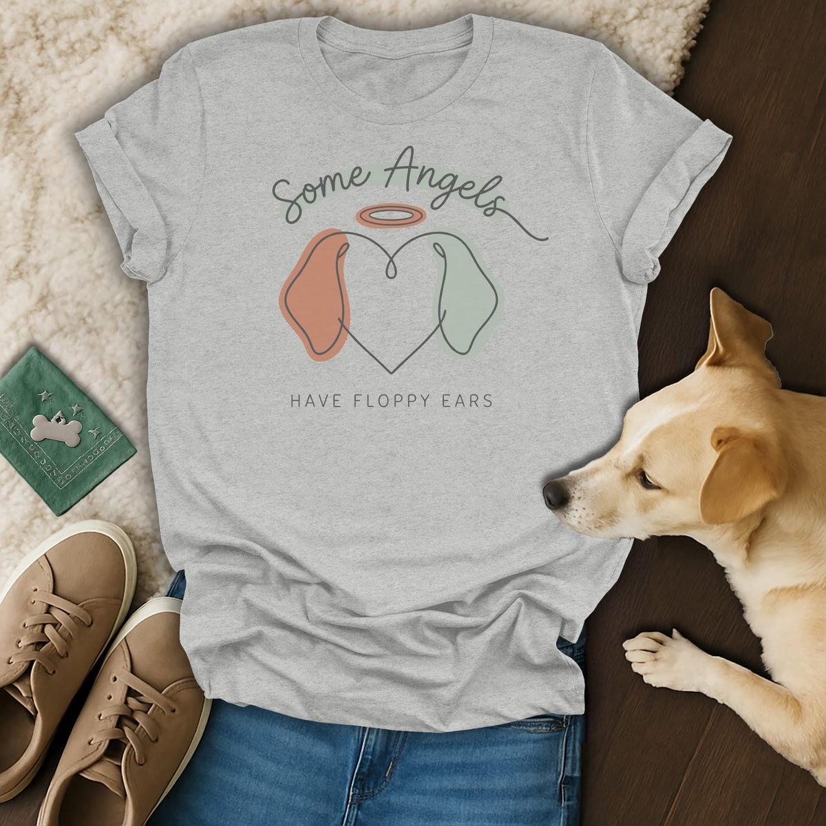 Gray t-shirt with "Some Angels Have Floppy Ears" text and dog ears graphic.