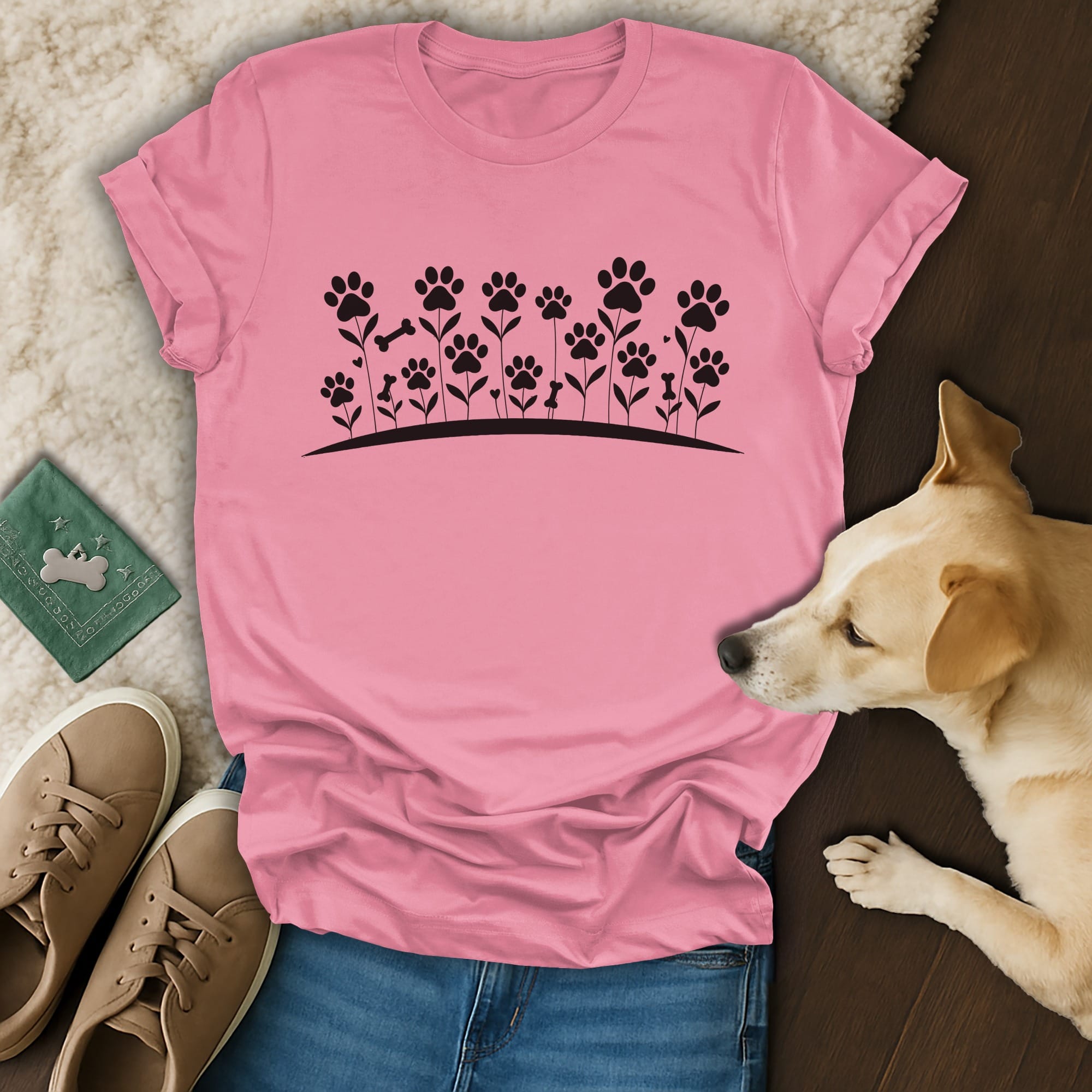 Pink t-shirt with black floral paw print and bone design.