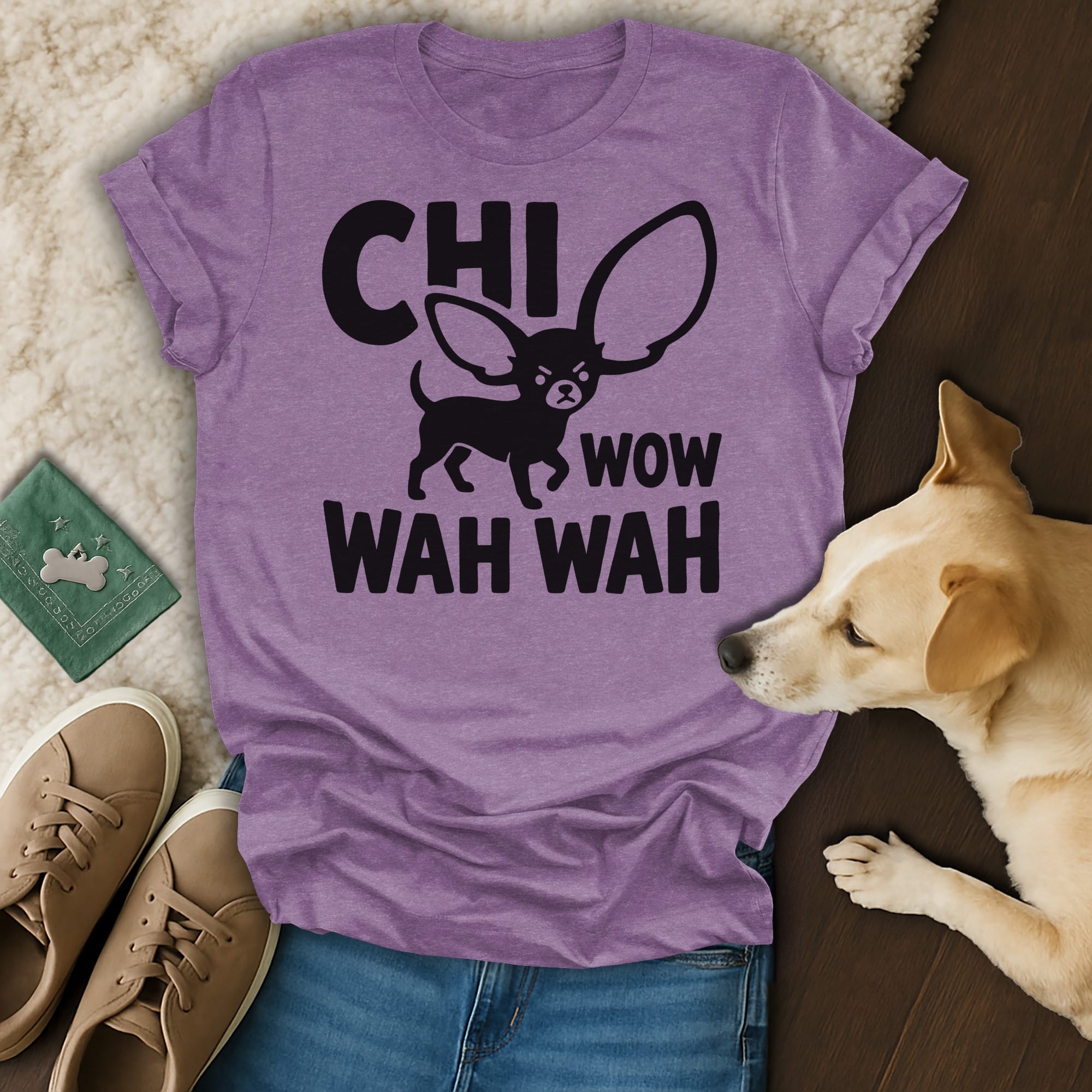 Purple t-shirt with "CHI WOW WAH WAH" and cartoon dog graphic.