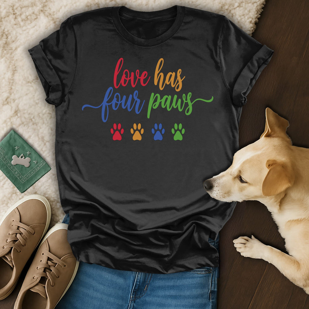 Black t-shirt with "love has four paws" text and paw prints.