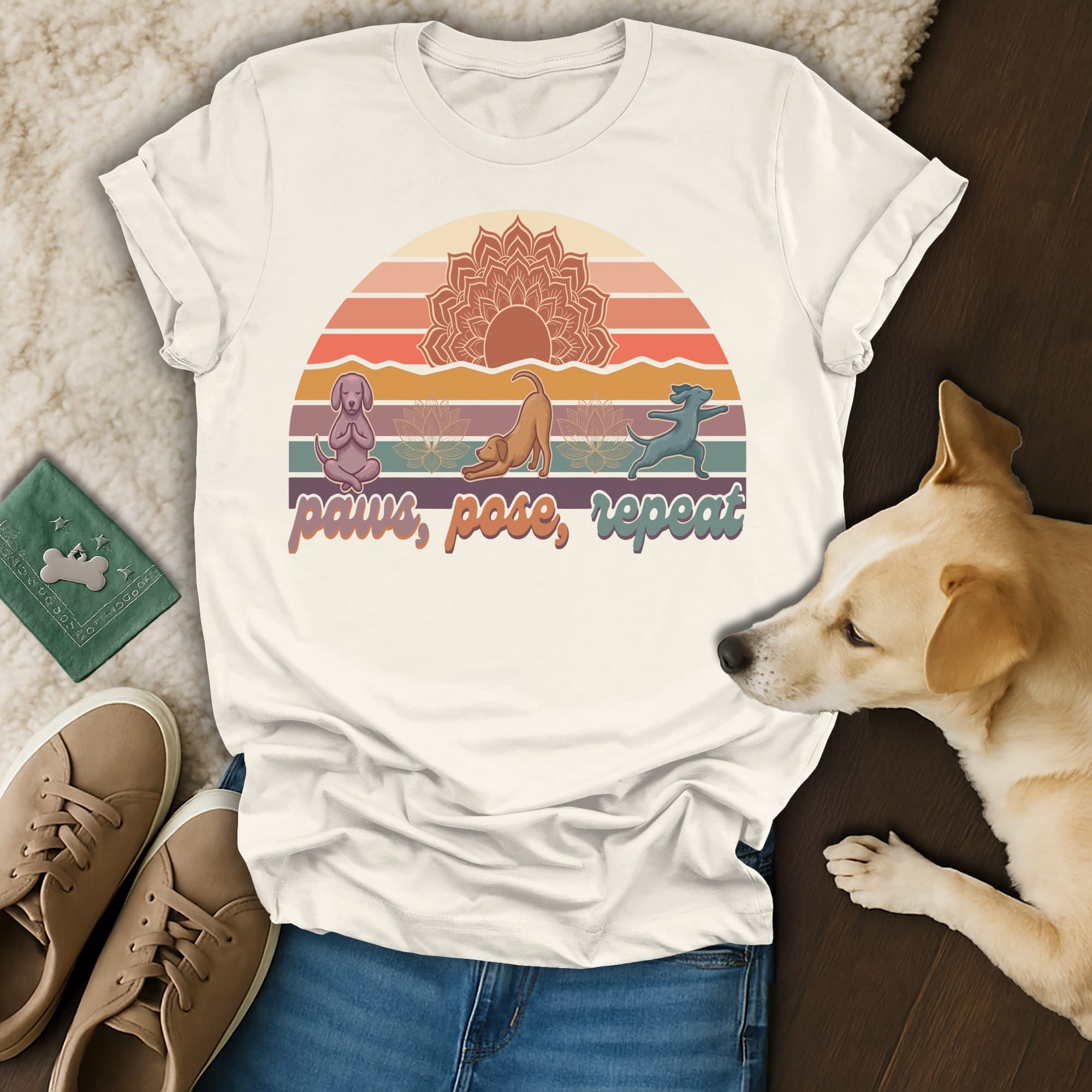 T-shirt with dogs in yoga poses against a sunset mandala and the text "Paws, Pose, Repeat."