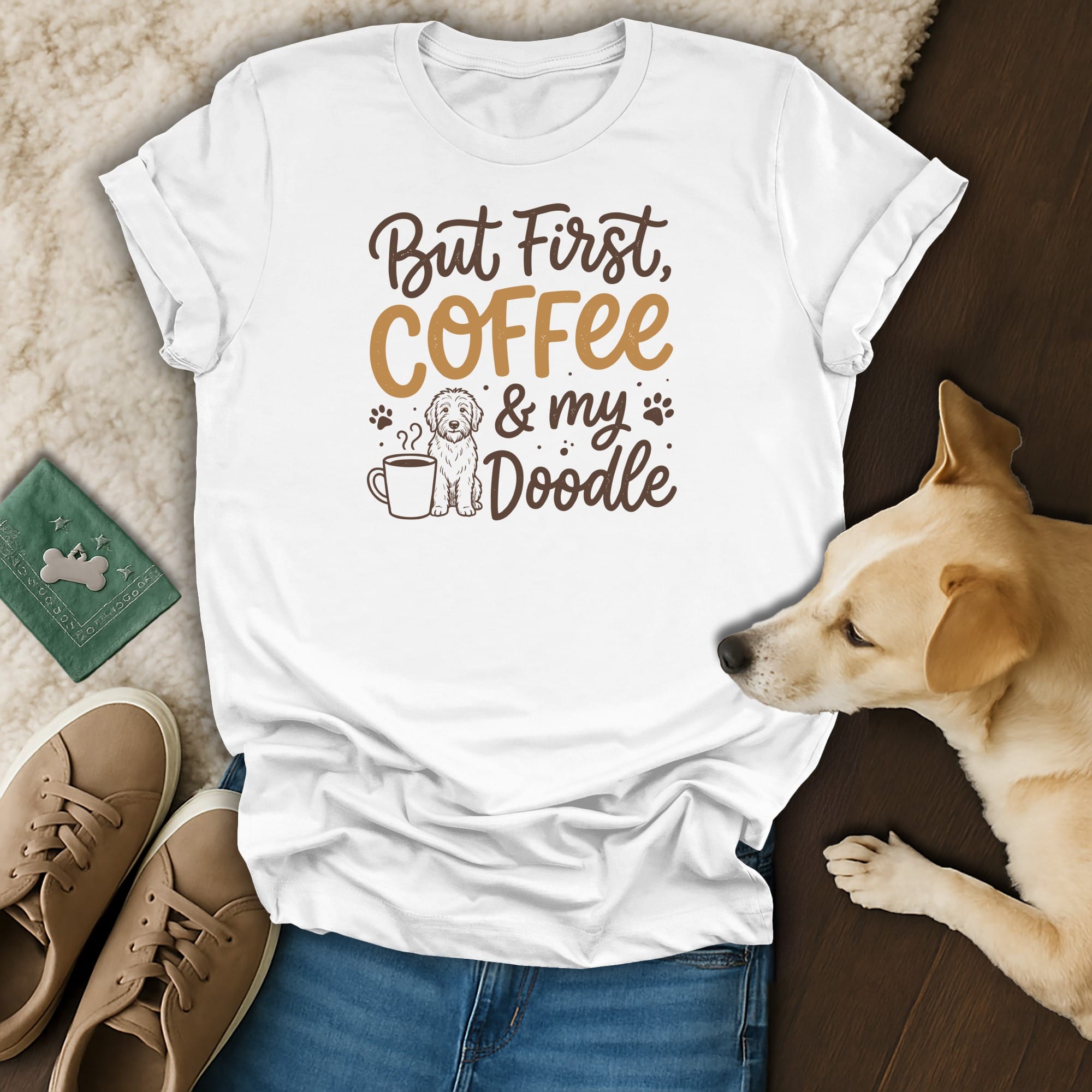 White t-shirt with "But First, Coffee & my Doodle" text and doodle dog illustration.