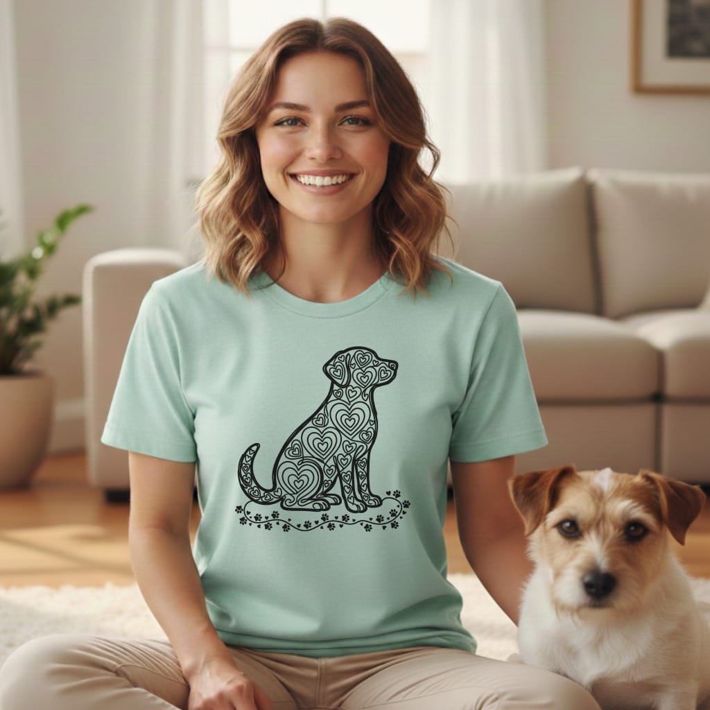 Woman wearing a light blue t-shirt with a black dog silhouette filled with hearts.