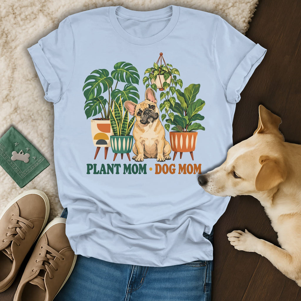 Light blue t-shirt featuring a French bulldog surrounded by potted plants and the text PLANT MOM DOG MOM.