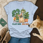 Light blue t-shirt featuring a French bulldog surrounded by potted plants and the text PLANT MOM DOG MOM.