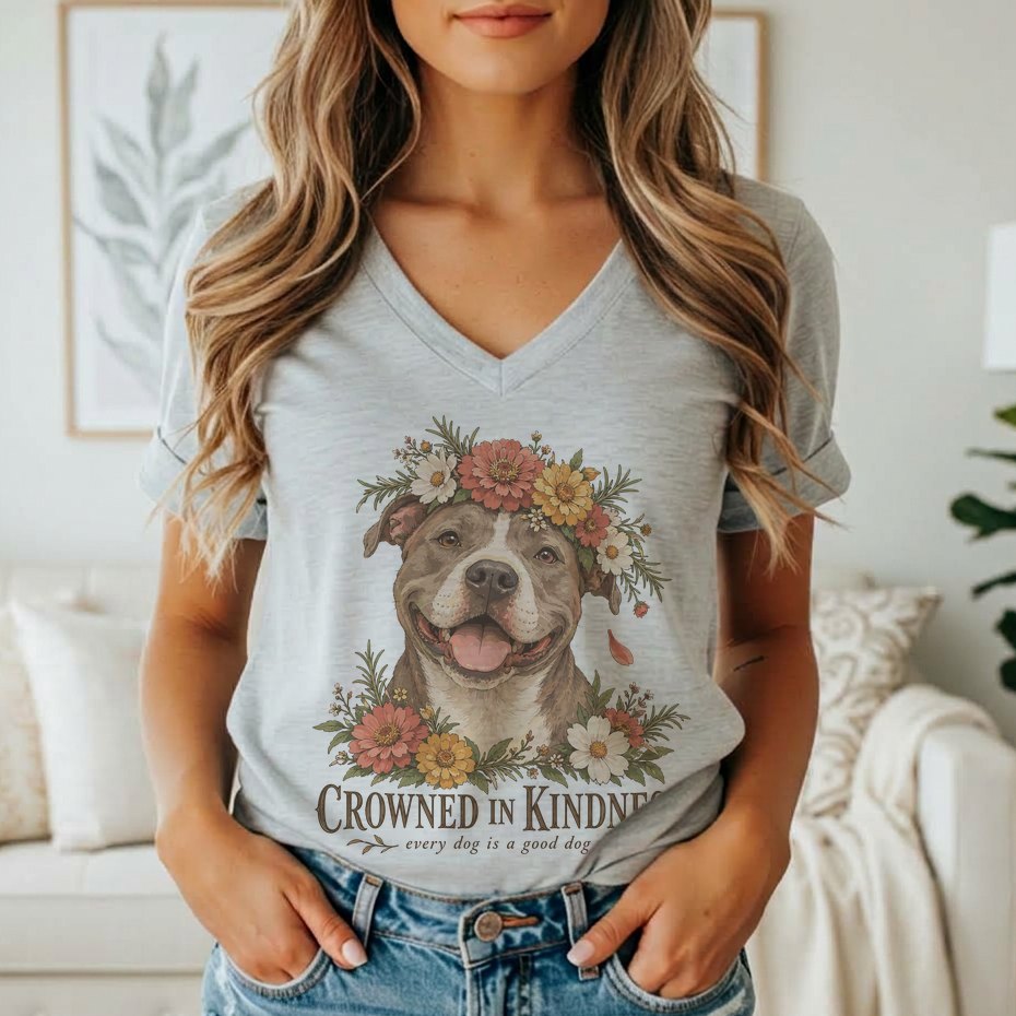 A woman wearing a light gray V-neck t-shirt featuring a smiling pit bull graphic surrounded by flowers and the text Crowned in Kindness.