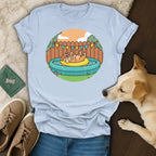 Illustration of a dog relaxing in a pool on a float.