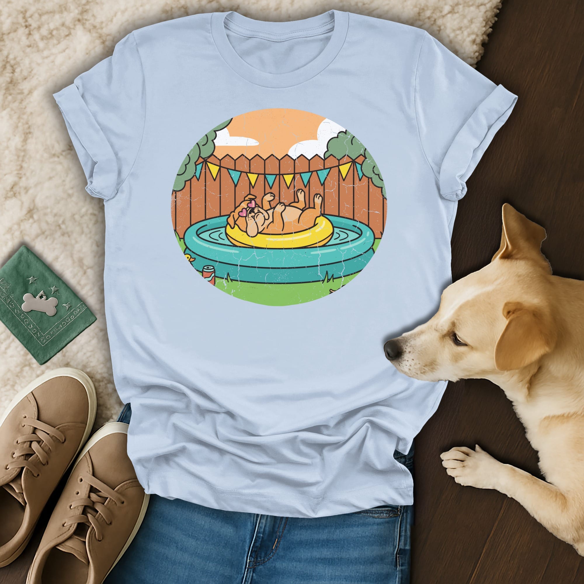 Illustration of a dog relaxing in a pool on a float.