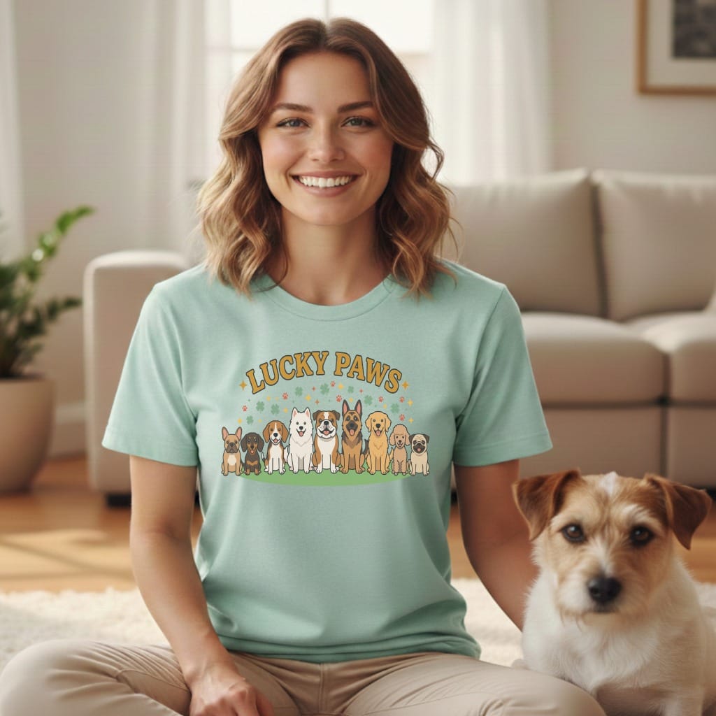 Light mint t-shirt with "Lucky Paws" text and cartoon dogs.