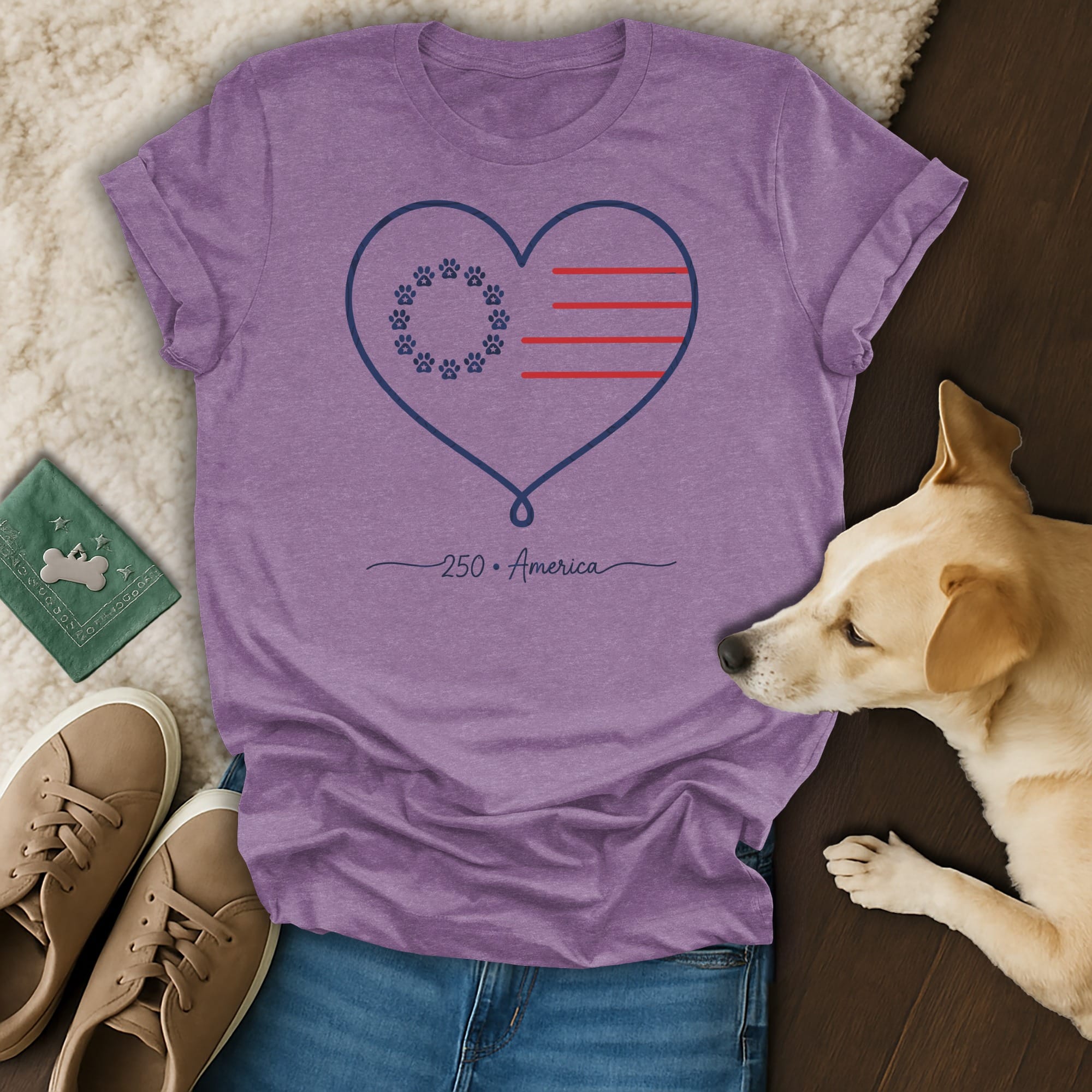 Purple t-shirt with a heart graphic featuring paw prints and American flag stripes.