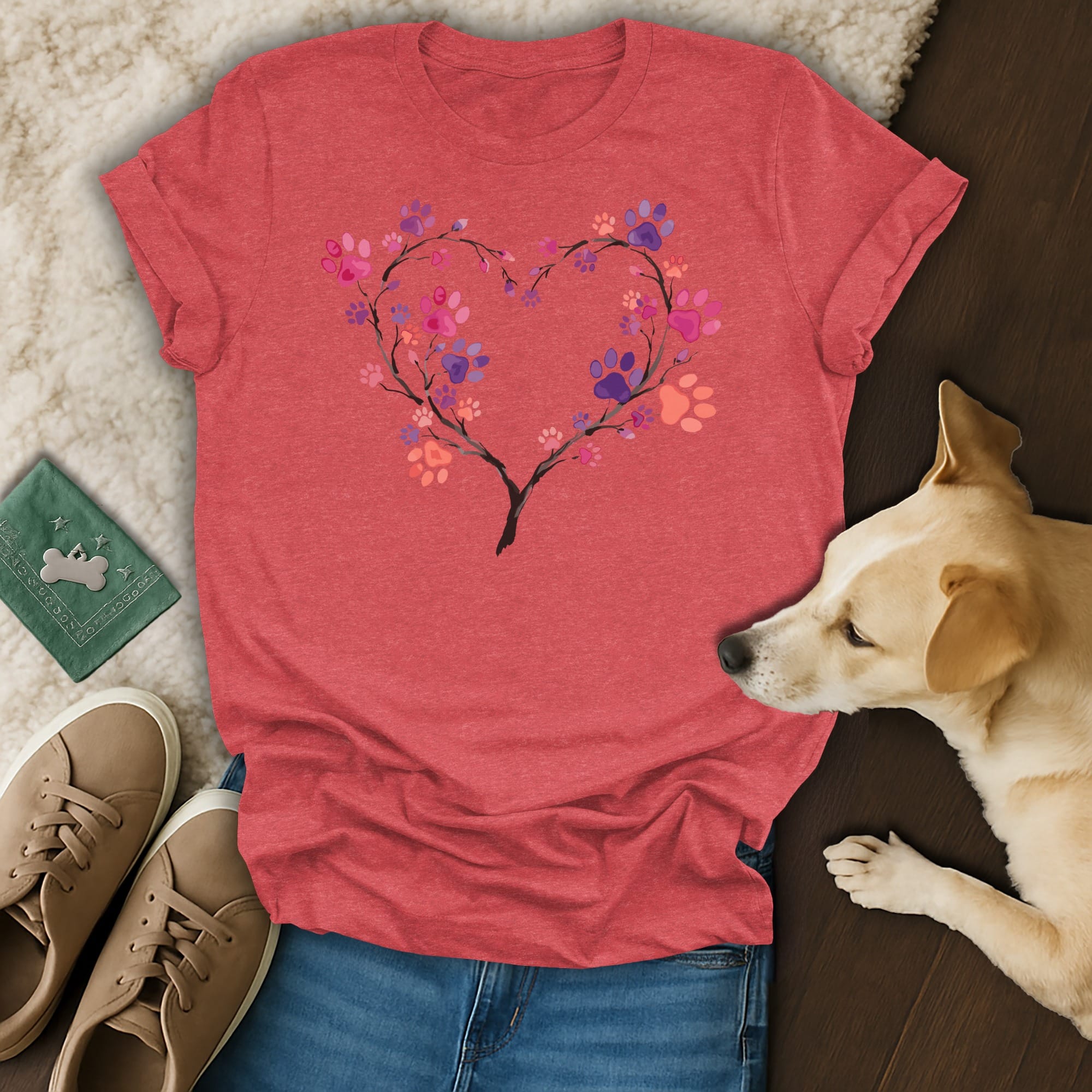 Red t-shirt with heart-shaped tree made of colorful paw prints.
